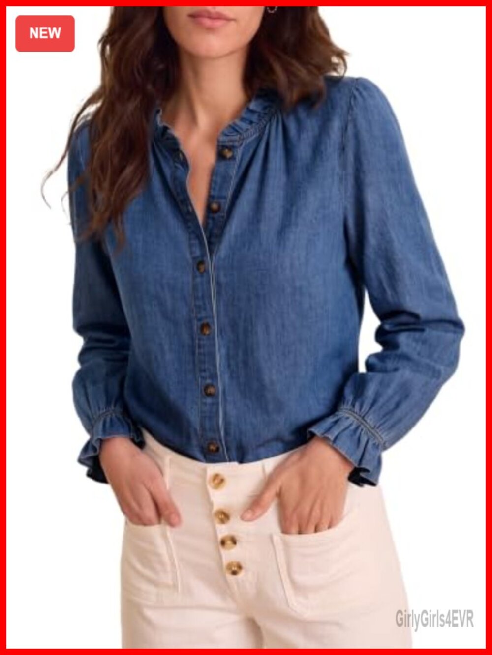 Womens Ruffle Button Down Denim Shirt Cotton Blend Long Sleeve Blouse
